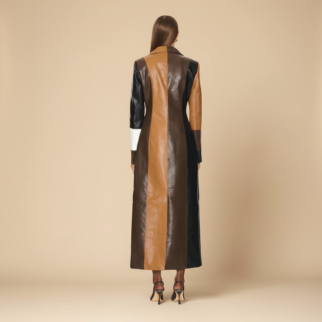 Women’s Modern Colorblock Long Leather Trench Coat