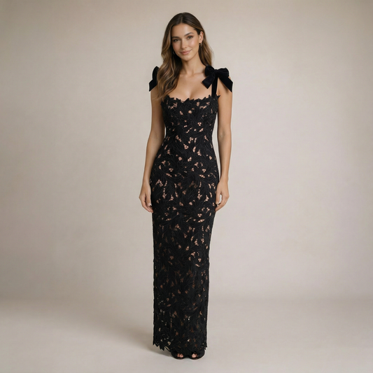 Lace Maxi Dress with Bow Straps | Evening Gown & Formal Events