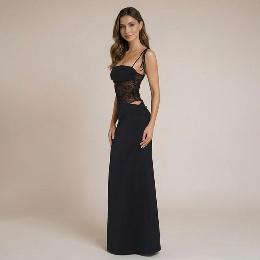 Lace Panel Maxi Dress with Tie Straps | Evening Gown & Formal Events