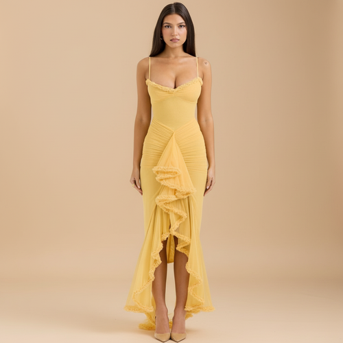 Women’s Elegant Ruffled Asymmetrical Maxi Dress