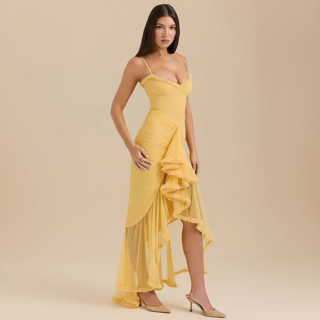 Women’s Elegant Ruffled Asymmetrical Maxi Dress