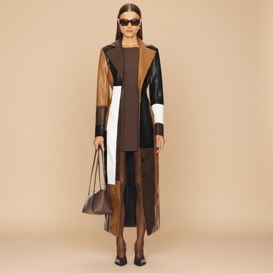 Women’s Modern Colorblock Long Leather Trench Coat