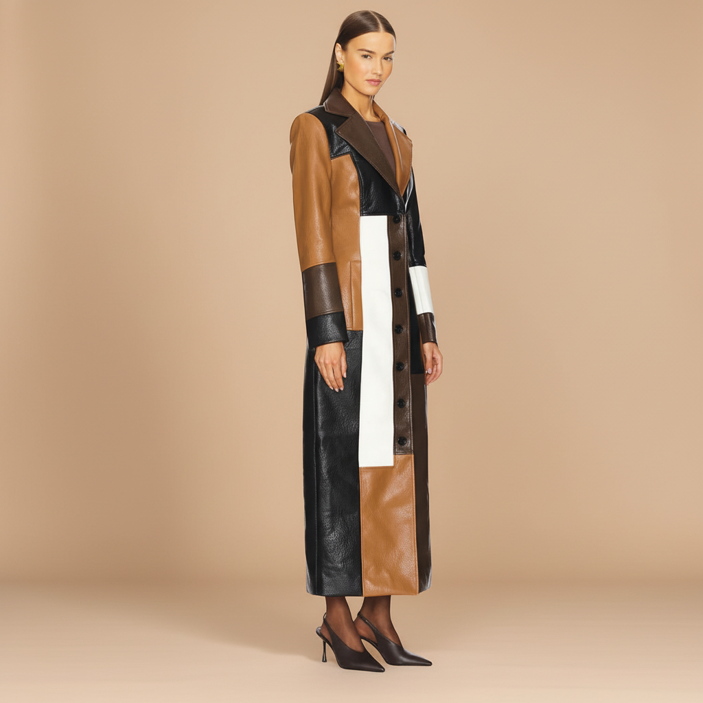Women’s Modern Colorblock Long Leather Trench Coat